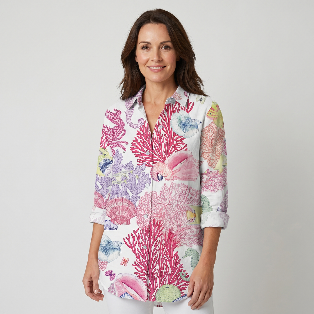 Maisie | Floral Shirt – Marine Life Print with 3/4 Sleeves