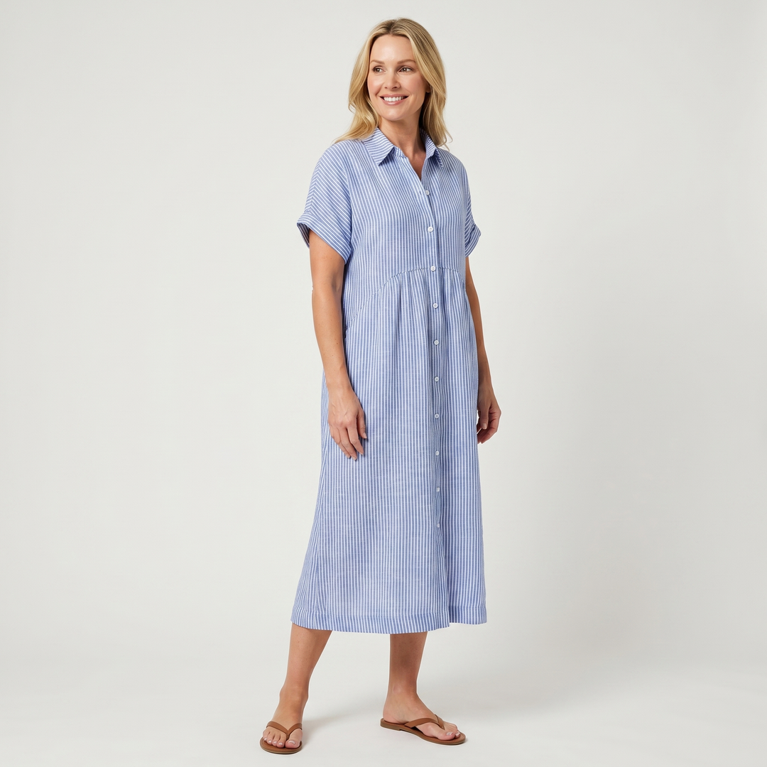 Leila | Striped Button Front Short Sleeve Midi Dress