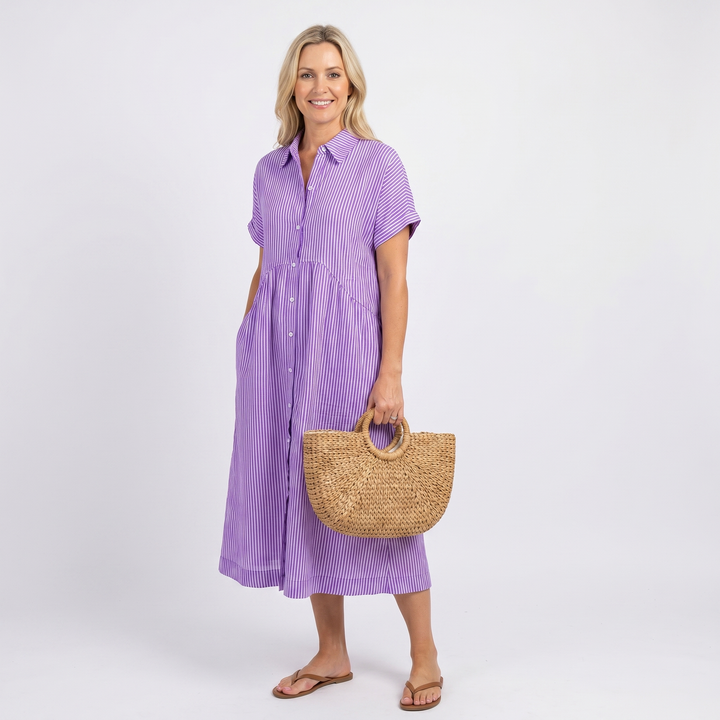 Leila | Striped Button Front Short Sleeve Midi Dress