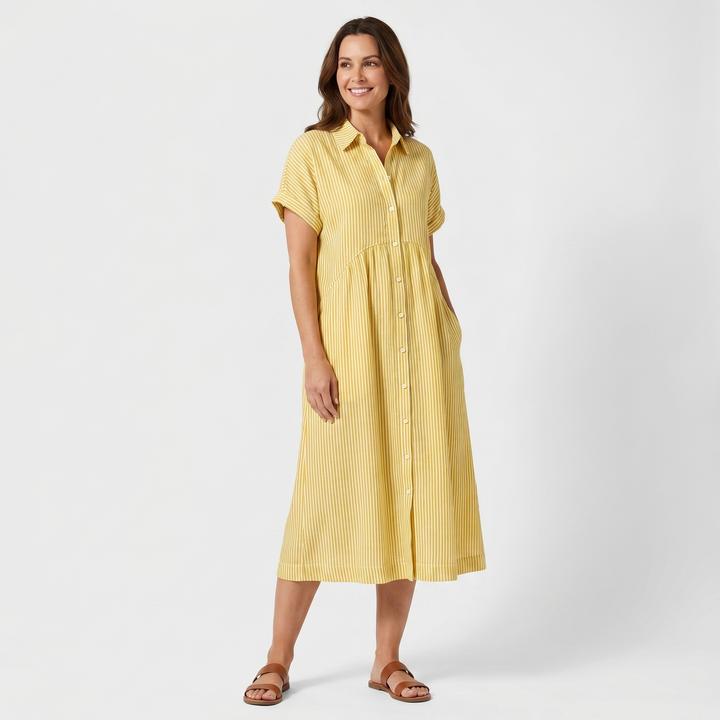 Leila | Striped Button Front Short Sleeve Midi Dress