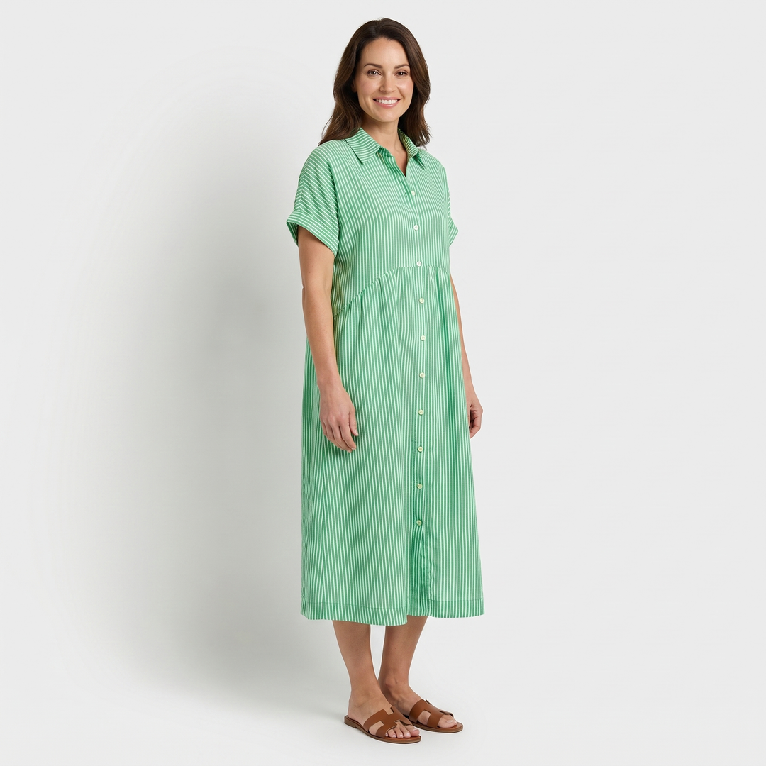 Leila | Striped Button Front Short Sleeve Midi Dress