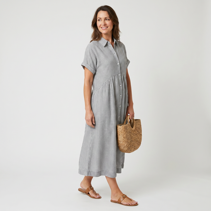Leila | Striped Button Front Short Sleeve Midi Dress