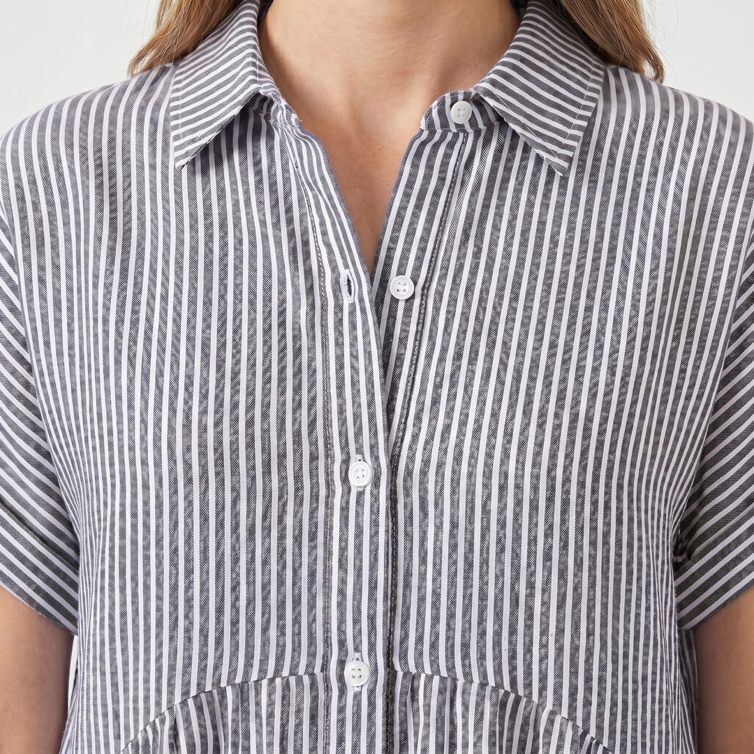 Leila | Striped Button Front Short Sleeve Midi Dress