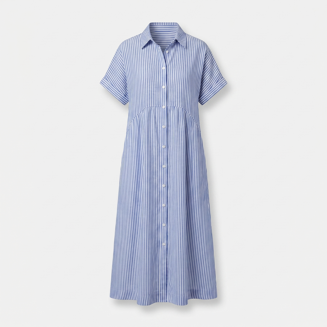 Leila | Striped Button Front Short Sleeve Midi Dress