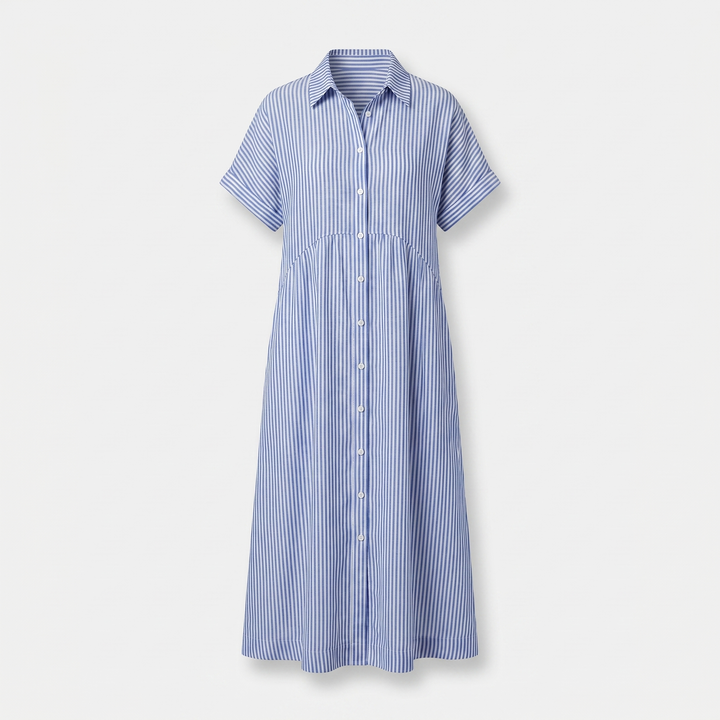 Leila | Striped Button Front Short Sleeve Midi Dress
