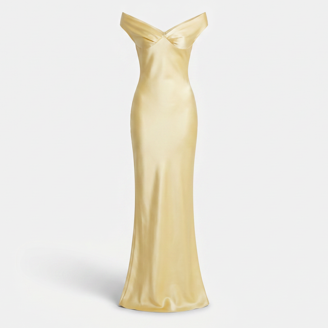Sofia | Slim Fit Yellow Satin Maxi Dress – Off-Shoulder Evening