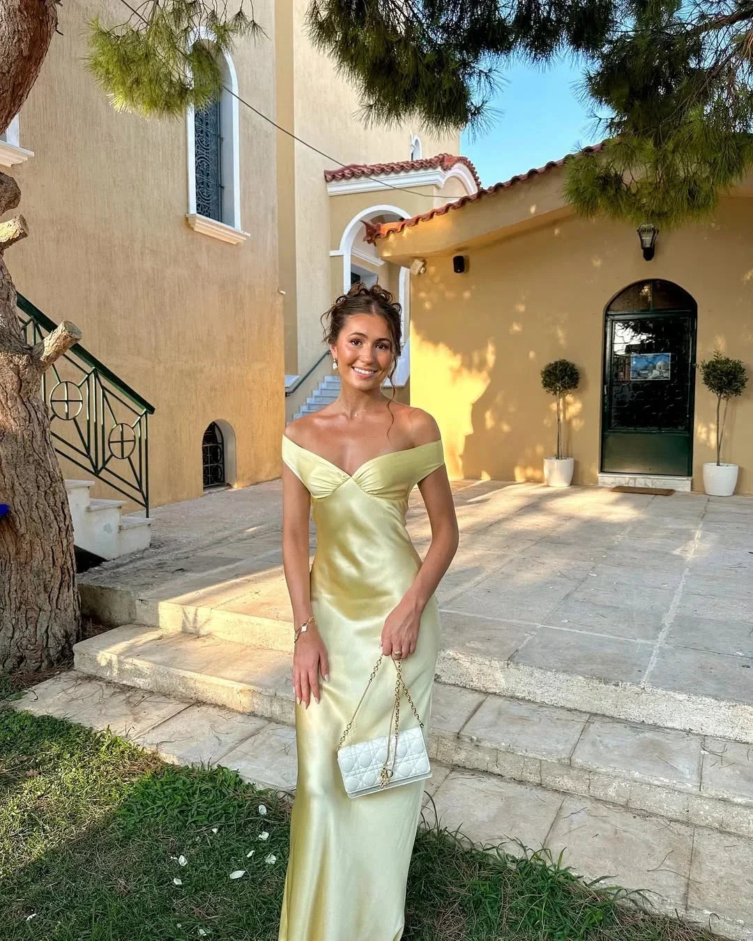 Sofia | Slim Fit Yellow Satin Maxi Dress – Off-Shoulder Evening