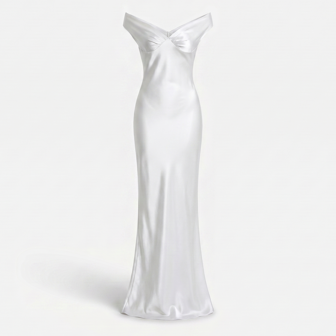 Sofia | Slim Fit Yellow Satin Maxi Dress – Off-Shoulder Evening