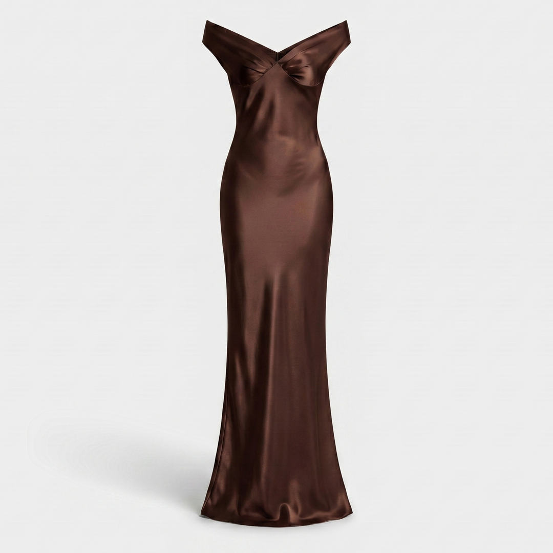 Sofia | Slim Fit Yellow Satin Maxi Dress – Off-Shoulder Evening