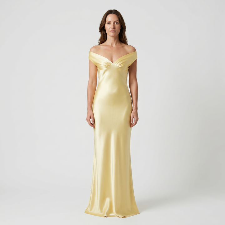 Sofia | Slim Fit Yellow Satin Maxi Dress – Off-Shoulder Evening