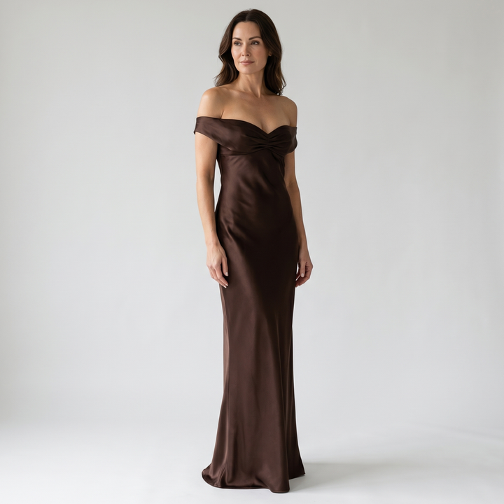Sofia | Slim Fit Yellow Satin Maxi Dress – Off-Shoulder Evening