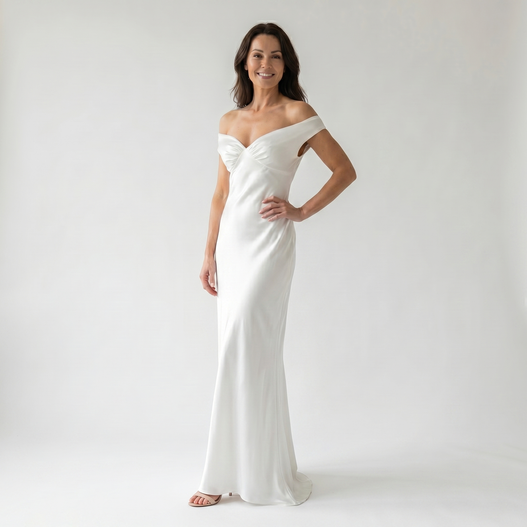Sofia | Slim Fit Yellow Satin Maxi Dress – Off-Shoulder Evening