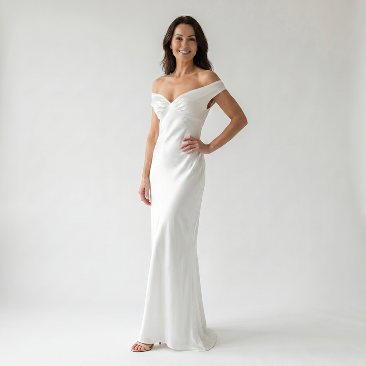 Sofia | Slim Fit Yellow Satin Maxi Dress – Off-Shoulder Evening