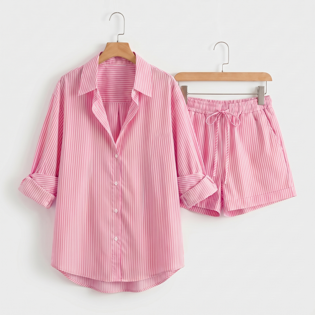 Nora | Shirt & Shorts Set – Striped Cotton with Drawstring