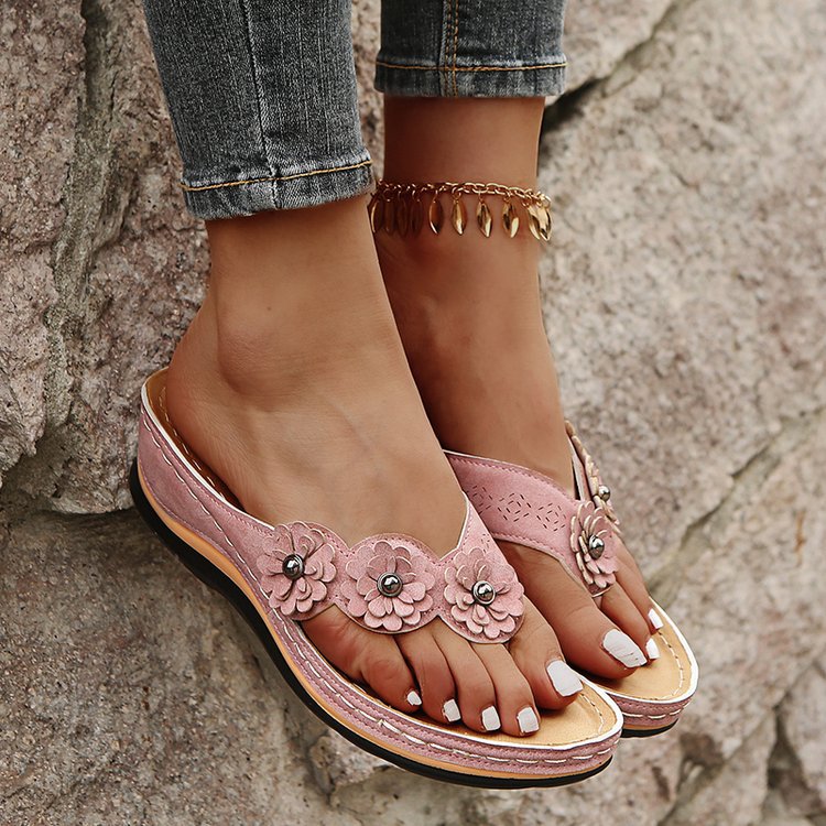 Clara | Suede Wedge Toe-Post Sandals with Flower Accents