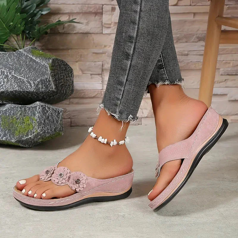 Clara | Suede Wedge Toe-Post Sandals with Flower Accents