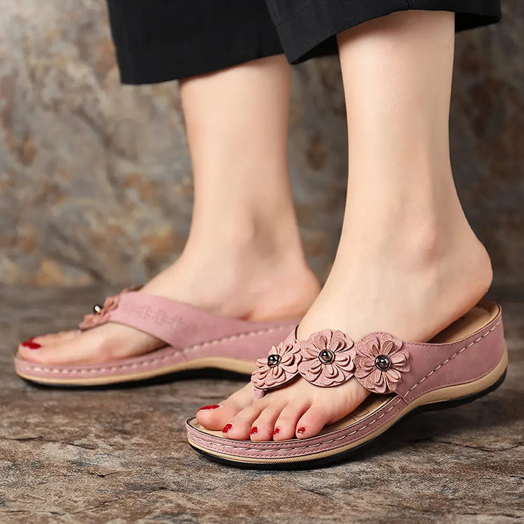 Clara | Suede Wedge Toe-Post Sandals with Flower Accents