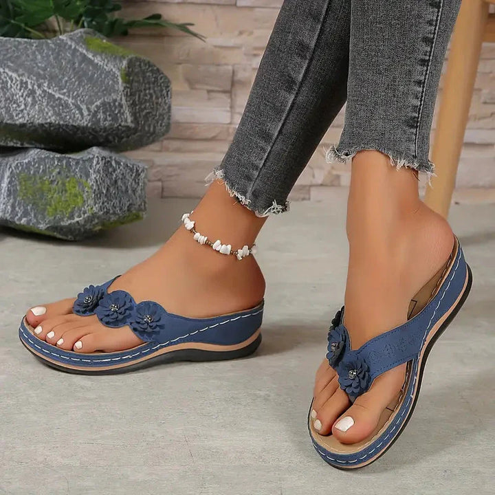 Clara | Suede Wedge Toe-Post Sandals with Flower Accents
