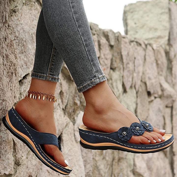Clara | Suede Wedge Toe-Post Sandals with Flower Accents