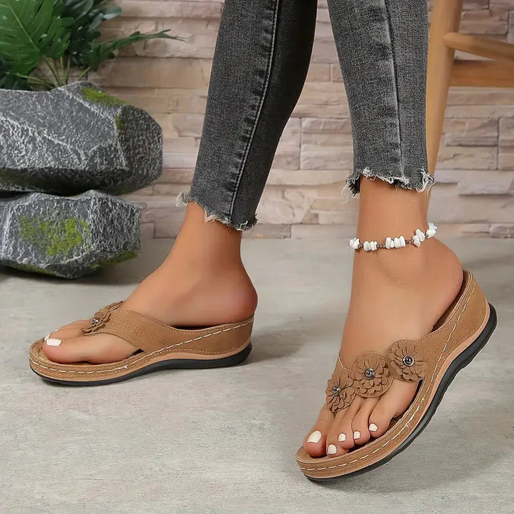 Clara | Suede Wedge Toe-Post Sandals with Flower Accents