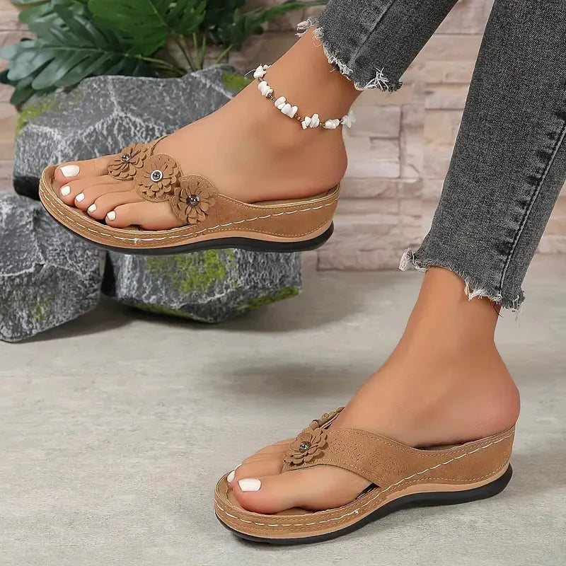 Clara | Suede Wedge Toe-Post Sandals with Flower Accents