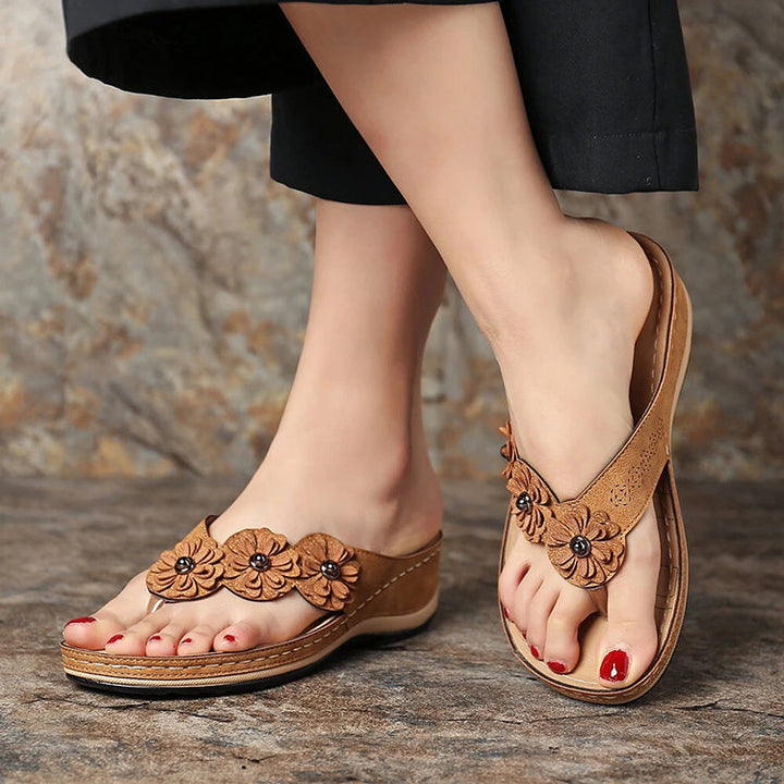 Clara | Suede Wedge Toe-Post Sandals with Flower Accents