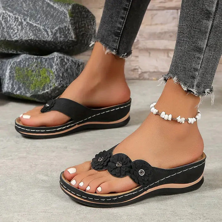 Clara | Suede Wedge Toe-Post Sandals with Flower Accents
