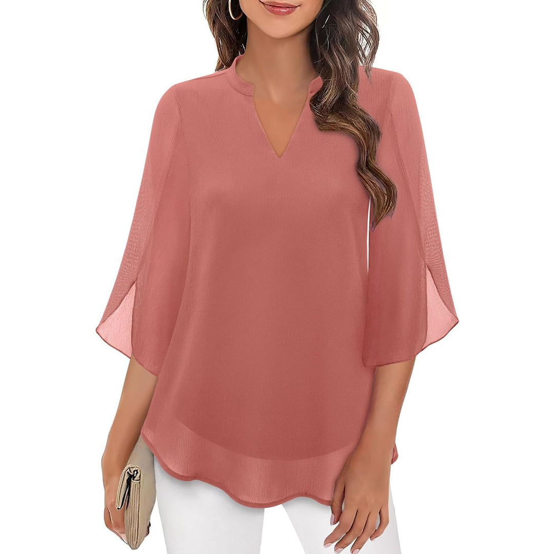Sofia | V-Neck Slit Sleeve Tiered Hem Chiffon Top