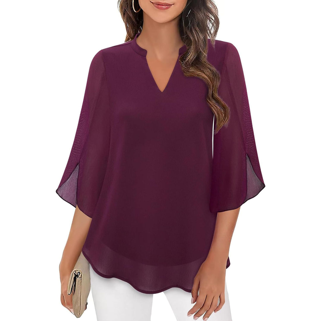 Sofia | V-Neck Slit Sleeve Tiered Hem Chiffon Top