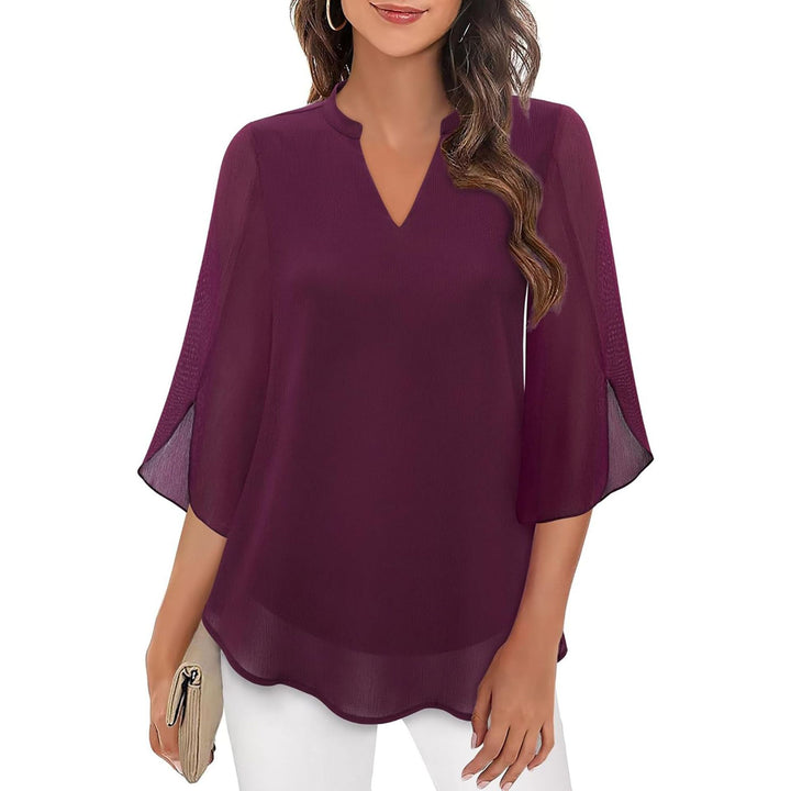 Sofia | V-Neck Slit Sleeve Tiered Hem Chiffon Top