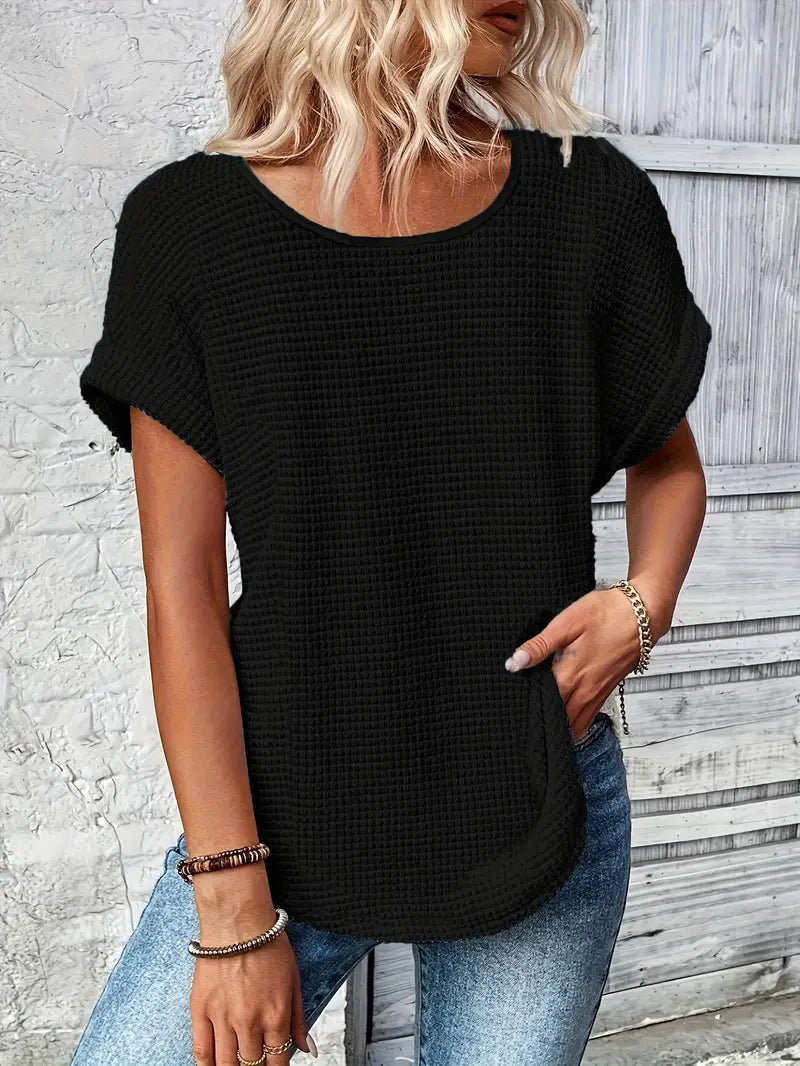 Evelyn | Crew Neck Waffle Knit Top with Relaxed Fit