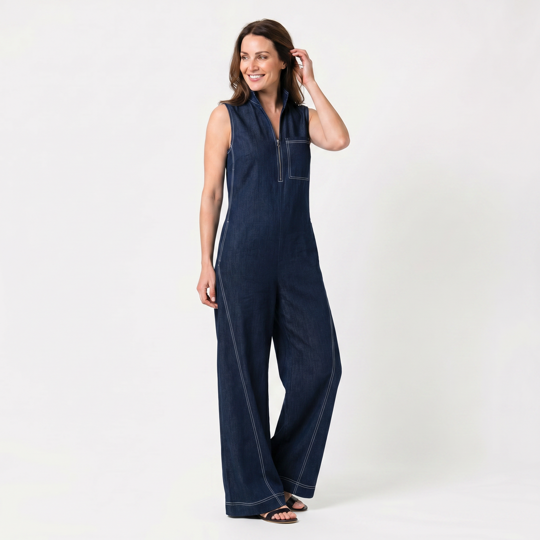 Mila | Denim Jumpsuit with Sleeveless Wide Leg and Front Zipper