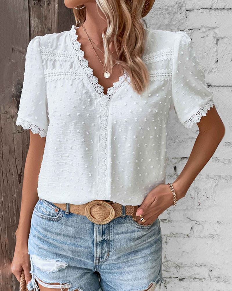 Serena | Blouse – Textured V-Neck Swiss Dot Airy Summer Fit