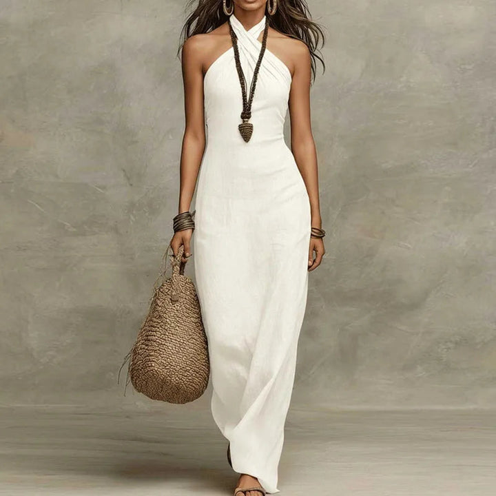 Amara | Boho Linen Dress – Halter Neck with Criss-Cross Straps