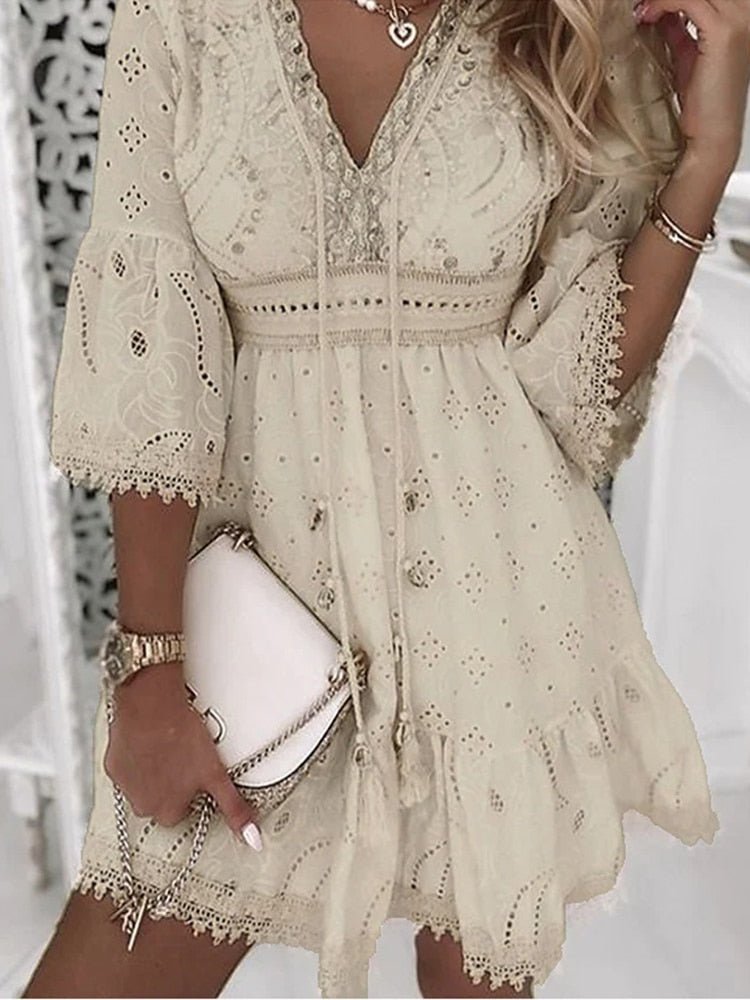 Rosa | Boho Mini Dress – V-Neck with Lace Bell Sleeves