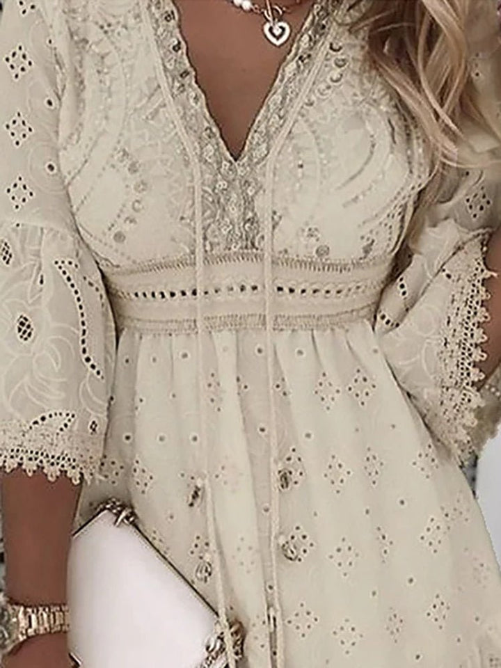 Rosa | Boho Mini Dress – V-Neck with Lace Bell Sleeves