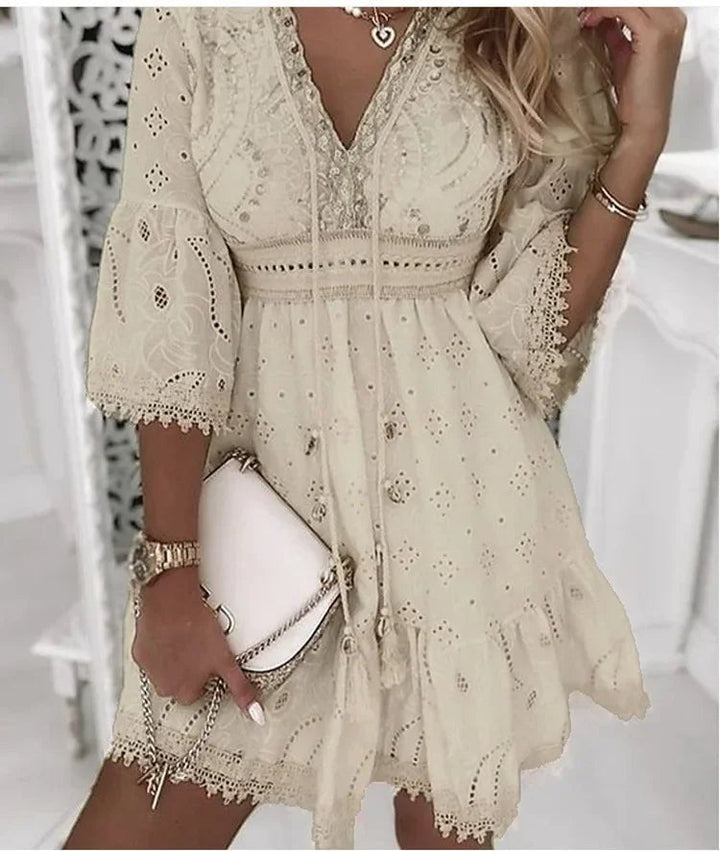 Rosa | Boho Mini Dress – V-Neck with Lace Bell Sleeves
