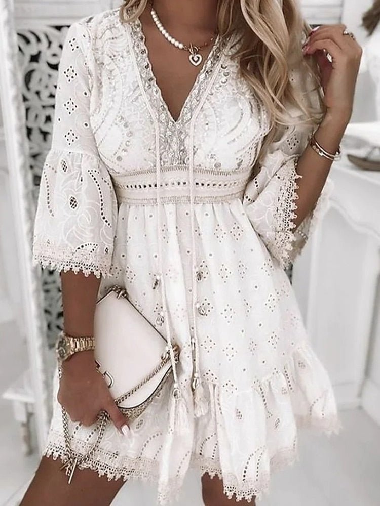 Rosa | Boho Mini Dress – V-Neck with Lace Bell Sleeves