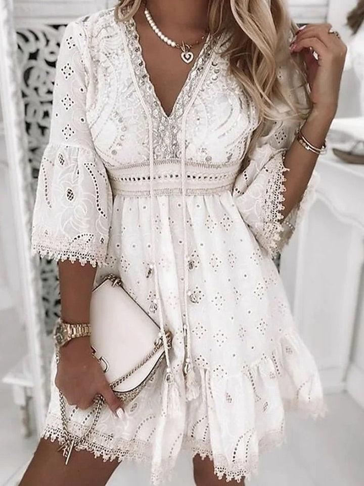 Rosa | Boho Mini Dress – V-Neck with Lace Bell Sleeves