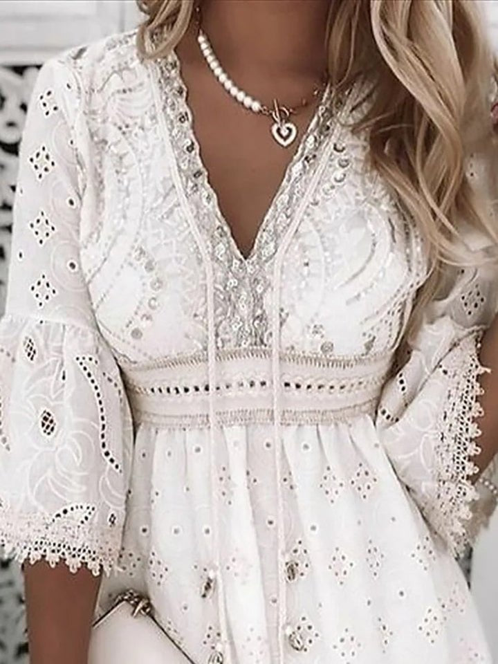 Rosa | Boho Mini Dress – V-Neck with Lace Bell Sleeves