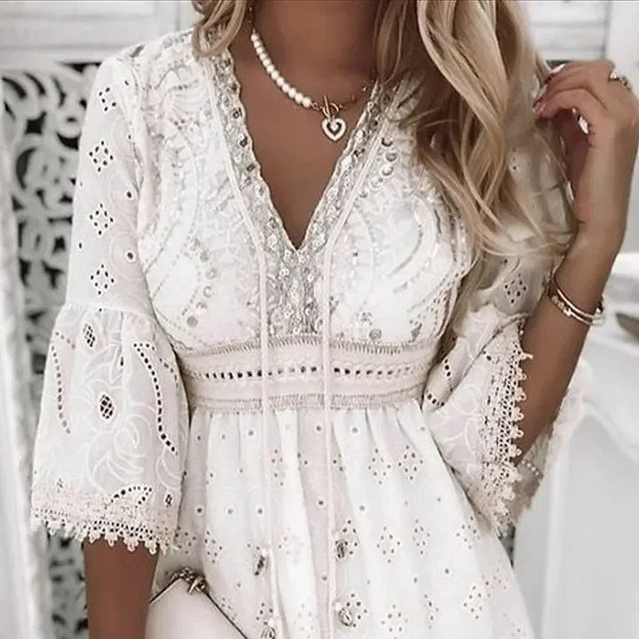 Rosa | Boho Mini Dress – V-Neck with Lace Bell Sleeves