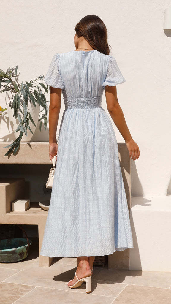 Lucy | Checkered Puff Sleeve Midi Dress – V-Neck with Button Front
