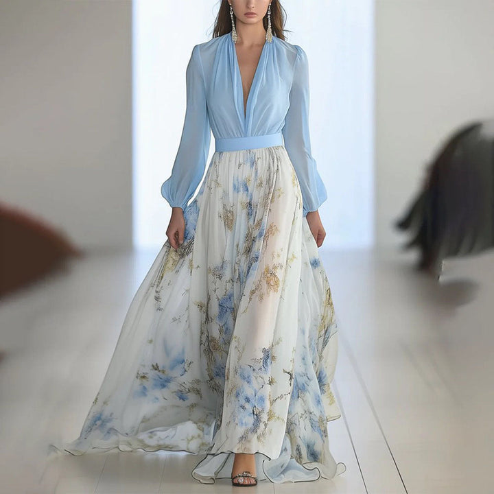 Aria | Chiffon Maxi Dress – Floral with V-neck