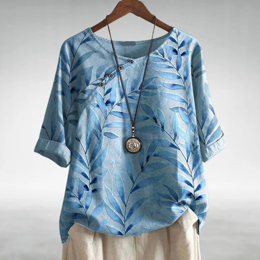 Noelle | Cotton Floral Blouse – 3/4 Rolled Sleeves, Scoop Neck, Relaxed Fit