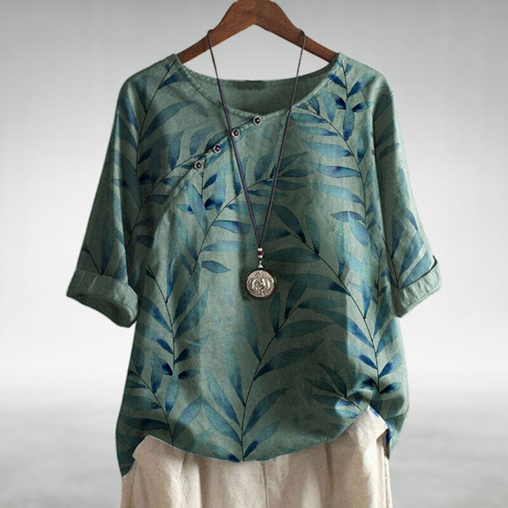 Noelle | Cotton Floral Blouse – 3/4 Rolled Sleeves, Scoop Neck, Relaxed Fit