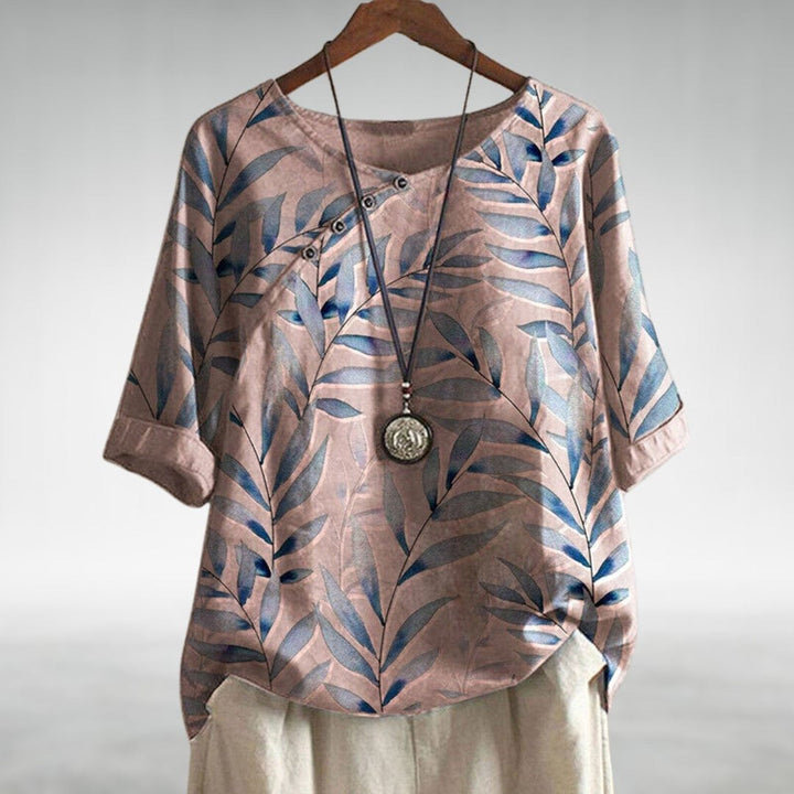 Noelle | Cotton Floral Blouse – 3/4 Rolled Sleeves, Scoop Neck, Relaxed Fit