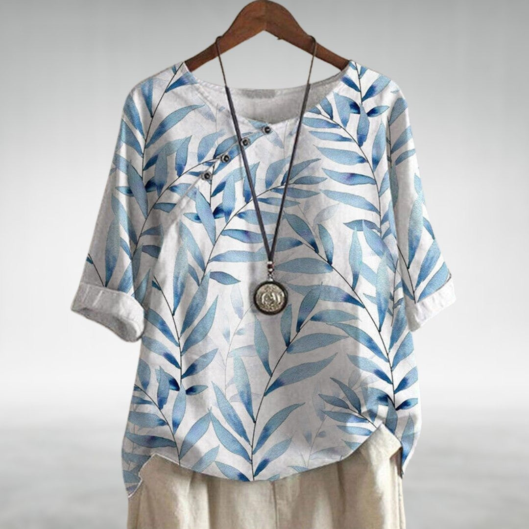 Noelle | Cotton Floral Blouse – 3/4 Rolled Sleeves, Scoop Neck, Relaxed Fit
