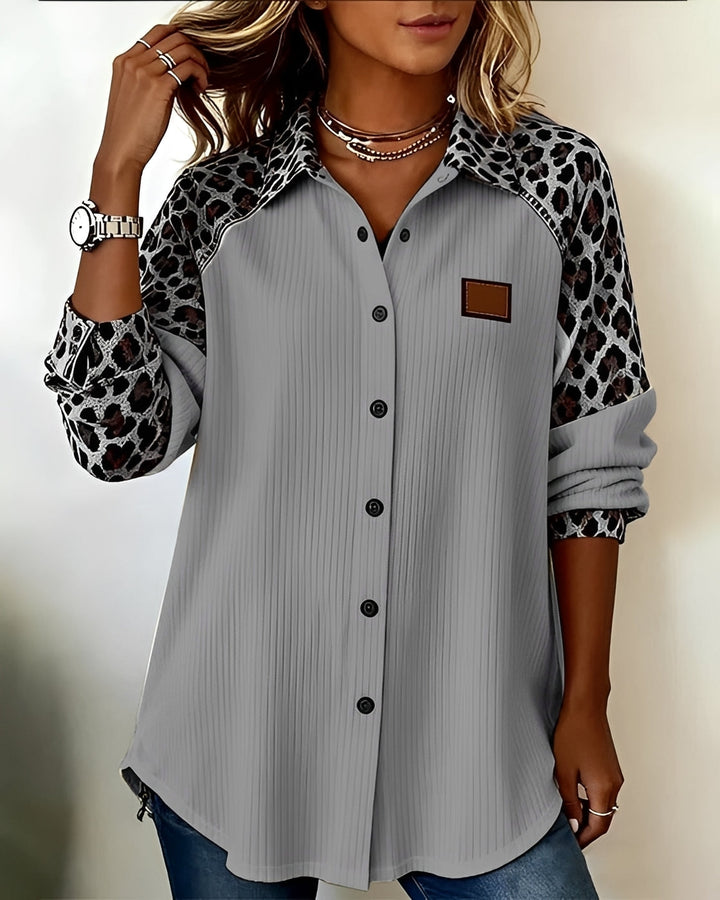 Ivy | Leopard Print Blouse – Button Front with Ribbed Texture