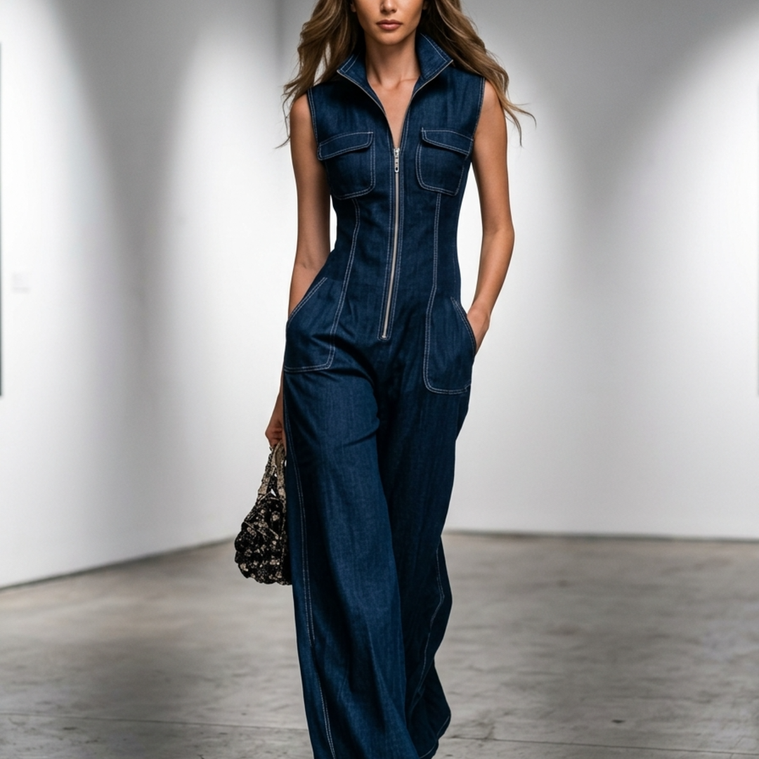 Ella | Denim Jumpsuit with Sleeveless Wide Leg and Front Zipper