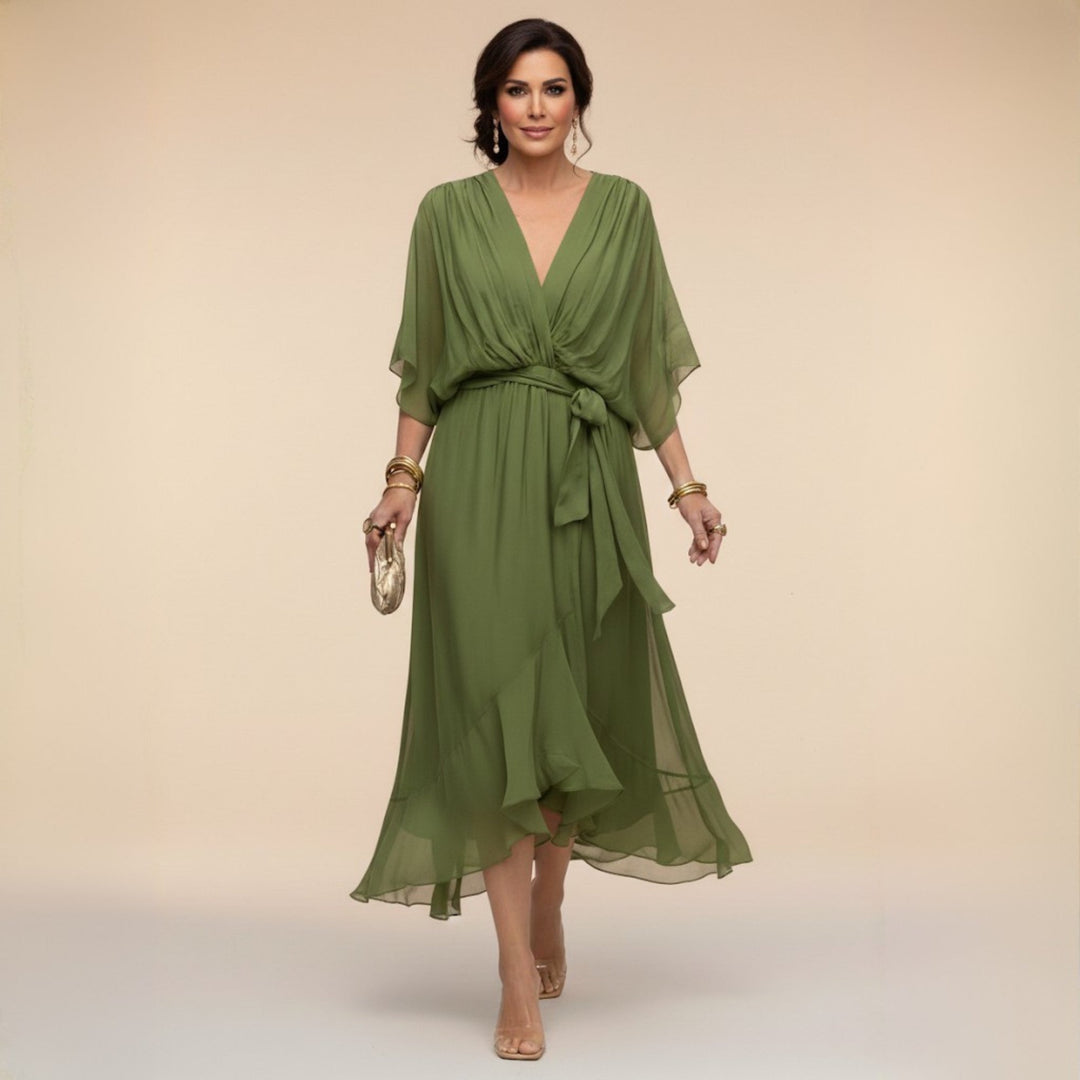 Juliette | Elegant Midi Wrap Dress – With V-Neck and Self-Tie Waist
